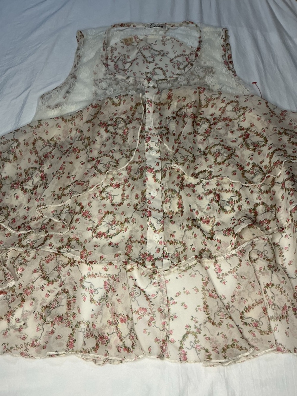 Floral Coquette Blouse Ivory Pink Green Women’s Medium Lightweight